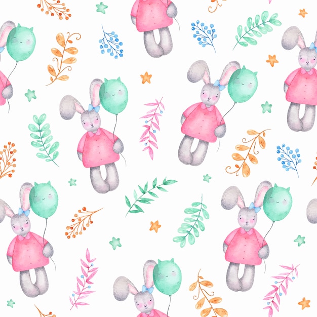 Watercolor seamless pattern happy easter cute girl bunny with air balloons flowers