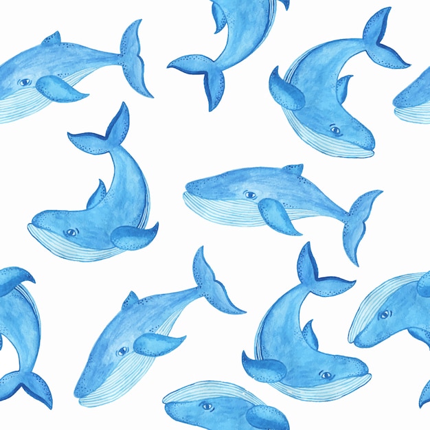 Watercolor seamless pattern with blue whale, cartoon style