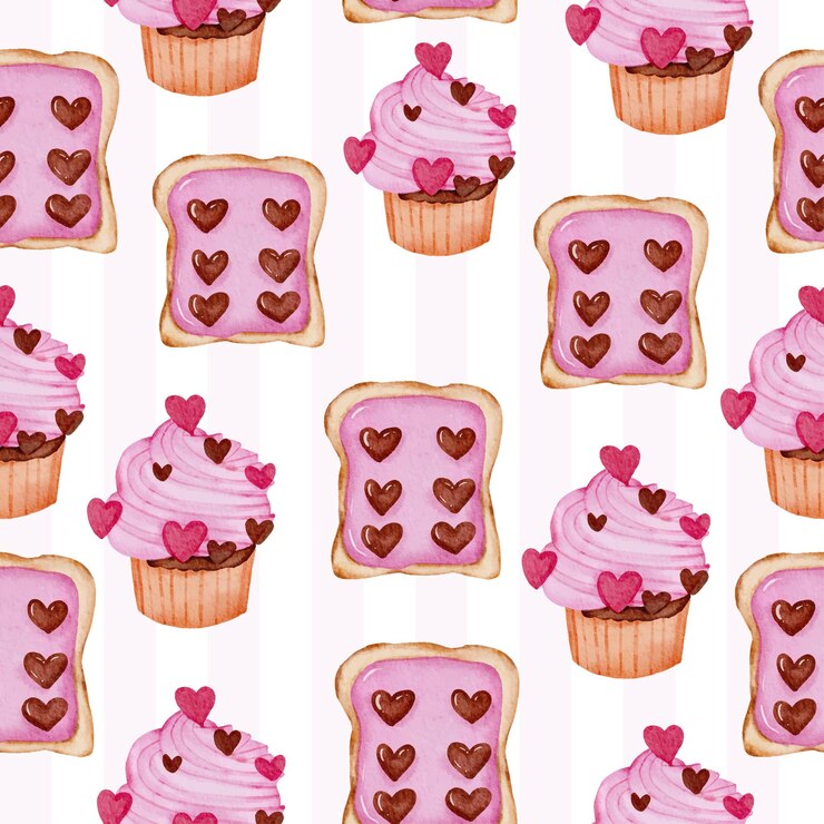 Free Vector watercolor seamless pattern with bread with jam and cup cake, isolated watercolor valentine concept element lovely romantic red-pink for decoration, illustration.