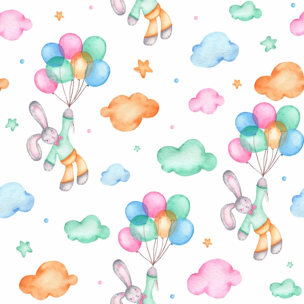 Watercolor seamless pattern with cute easter bunny on air balloons