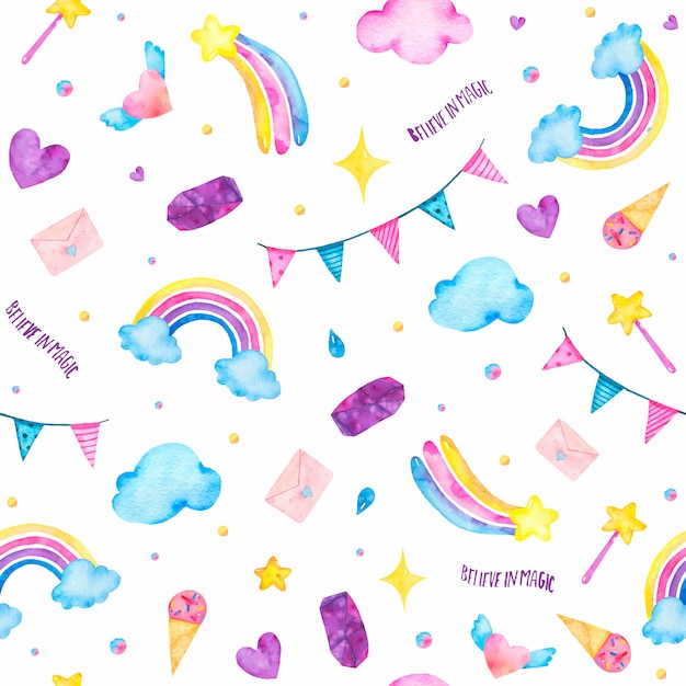 Watercolor seamless pattern with cute magic unicorn, ice-cream, magic wand, clouds isolated