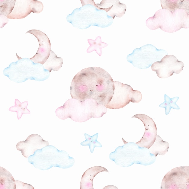 Free vector watercolor seamless pattern with cute sleeping moon crescent