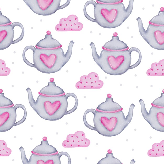 Watercolor Seamless Pattern With teapot and heart on pink cloud, isolated watercolor valentine concept element lovely romantic red-pink hearts for decoration, illustration.