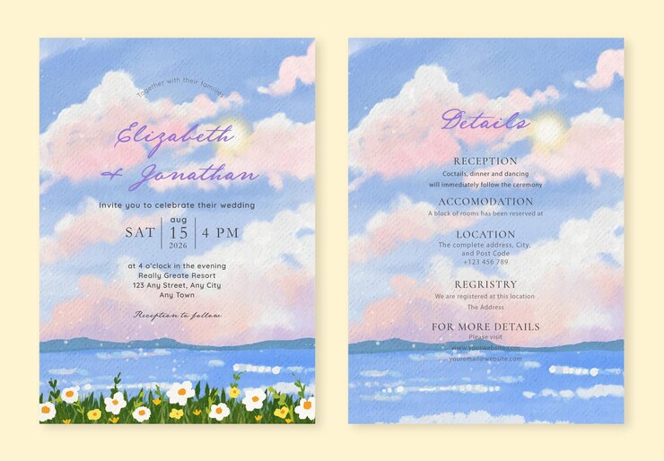 水彩 海風景 水彩 結婚式の招待状