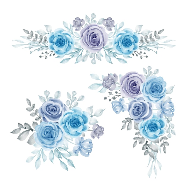 Watercolor set of flower arrangement blue