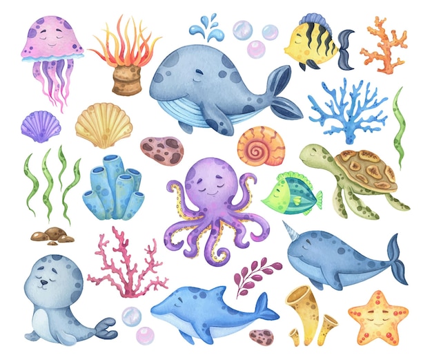 watercolor set of marine animals and flora