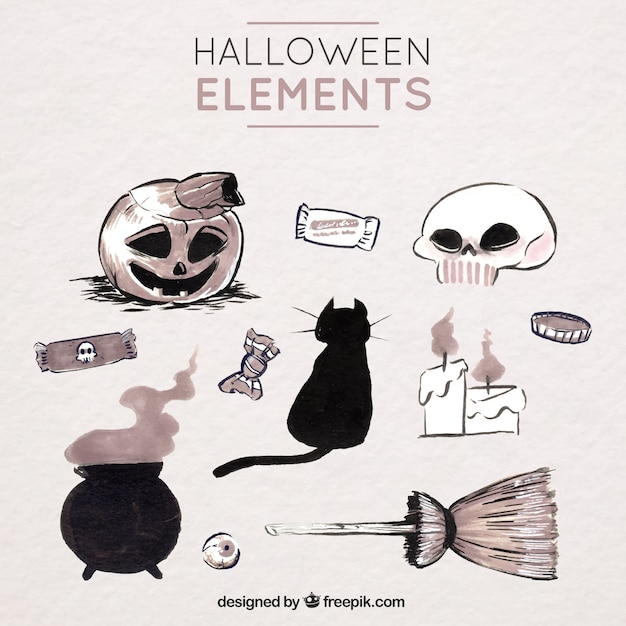 Free vector watercolor set of objects to celebrate halloween