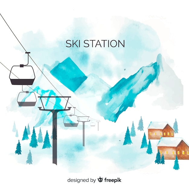 Watercolor ski station background