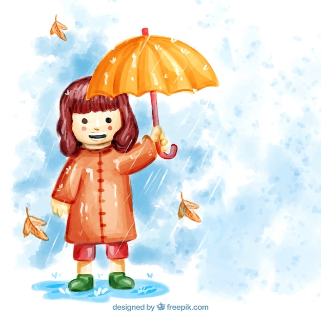 Free vector watercolor smiley girl with umbrella