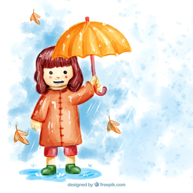 Watercolor smiley girl with umbrella