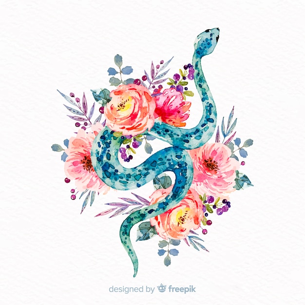 Watercolor snake with flowers background