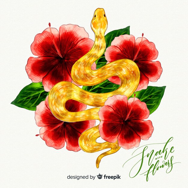 Watercolor snake with flowers background