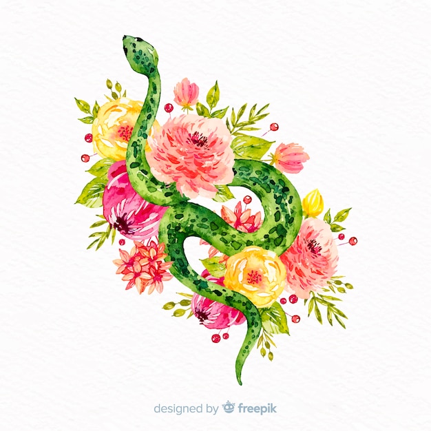 꽃 배경으로 수채화 뱀