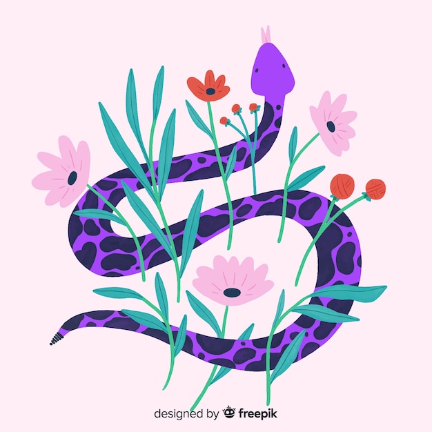 Free vector watercolor snake with flowers background