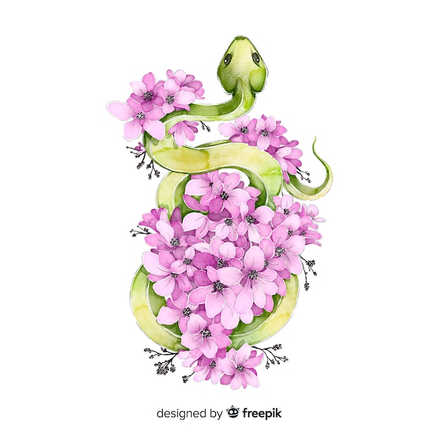 Free vector watercolor snake with flowers background