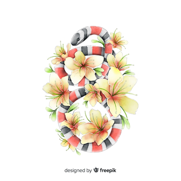 Free vector watercolor snake with flowers background