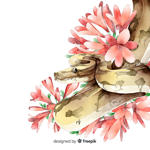 Free vector watercolor snake with flowers background