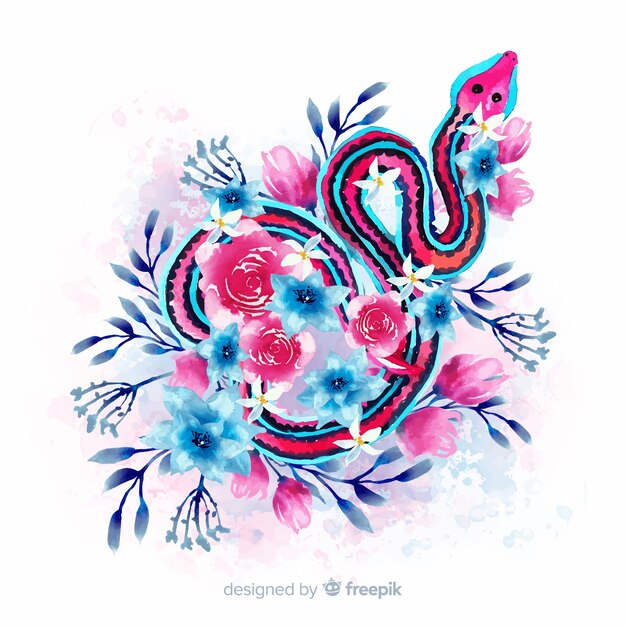 Watercolor snake with flowers illustration