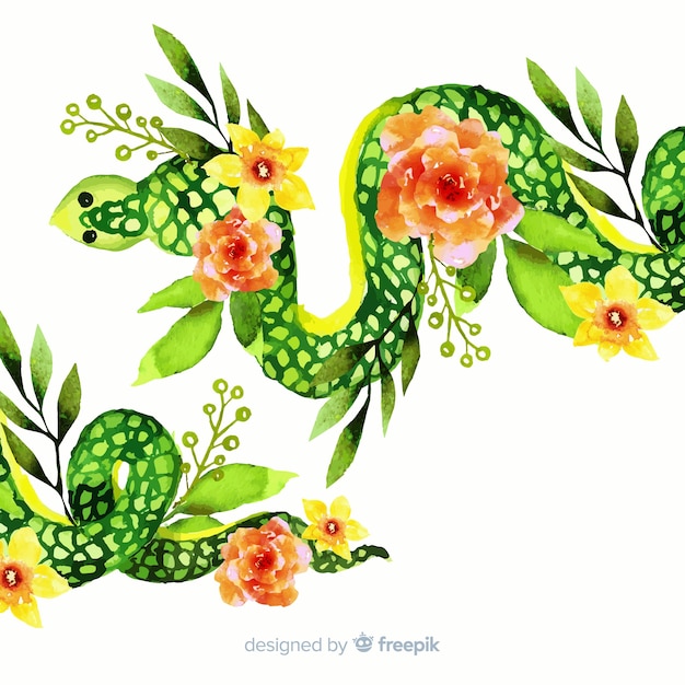 Акварельная змея с цветами иллюстрации