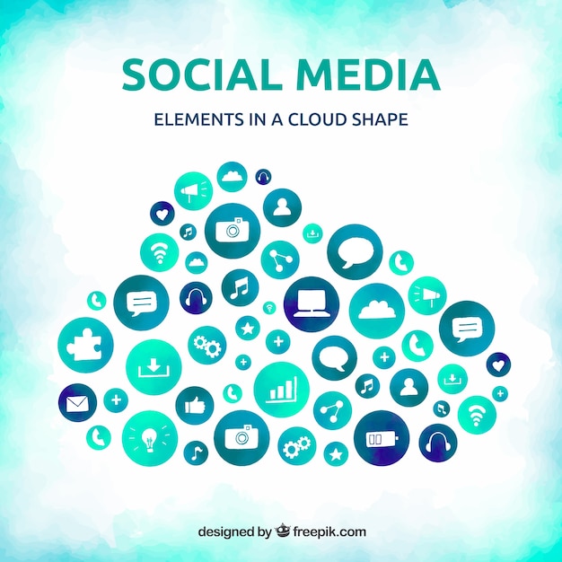 Watercolor social media elements in a cloud shape