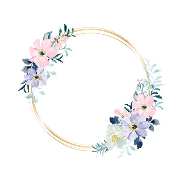 Watercolor soft floral wreath with gold circle