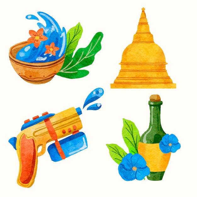 Watercolor songkran elements collection