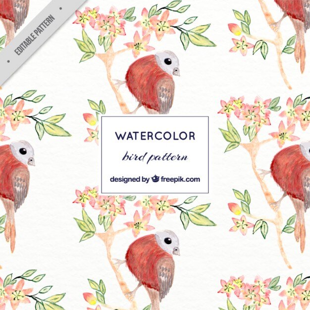 Free Vector watercolor sparrow on a branch pattern