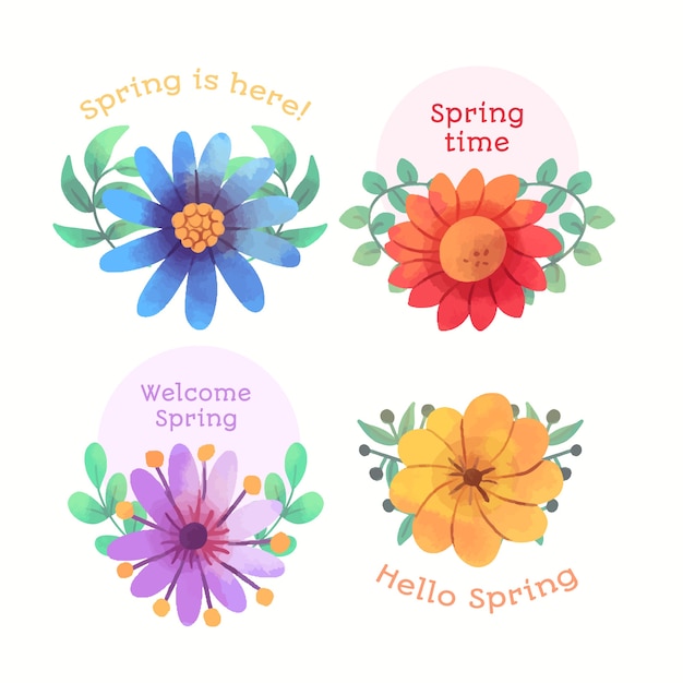 Vettore gratuito collezione di badge primavera dell'acquerello