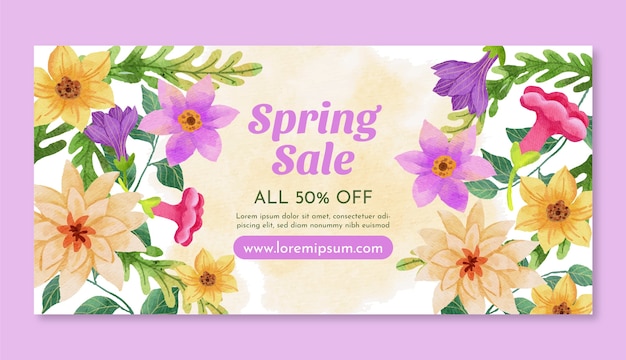 Free vector watercolor spring floral horizontal sale banner template