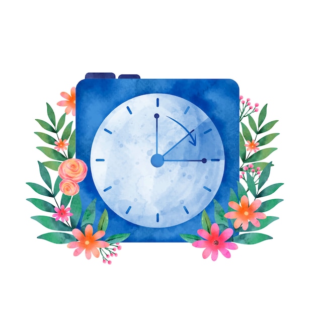 Watercolor spring forward floral illustration with clock