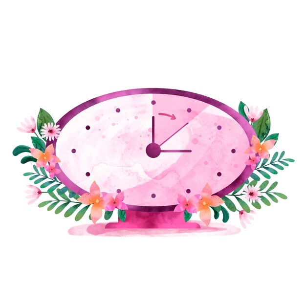 Watercolor spring forward floral illustration with clock