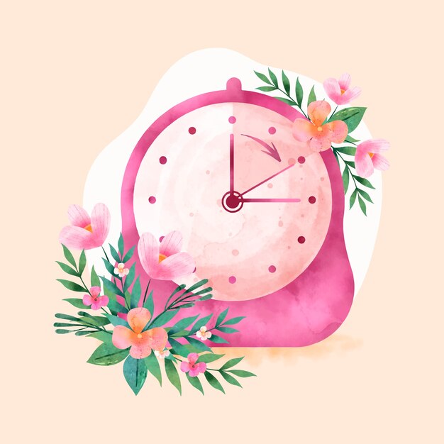 Watercolor spring forward floral illustration with clock