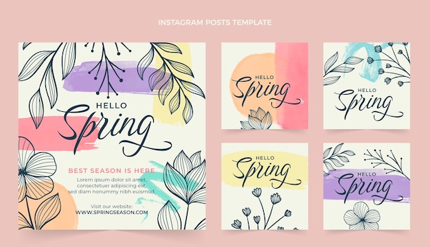 Vettore gratuito collezione di post instagram primavera acquerello