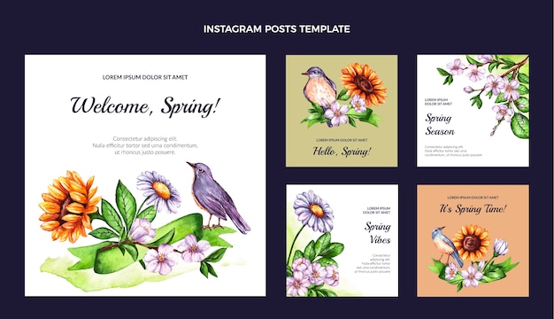 Vettore gratuito collezione di post instagram primavera acquerello