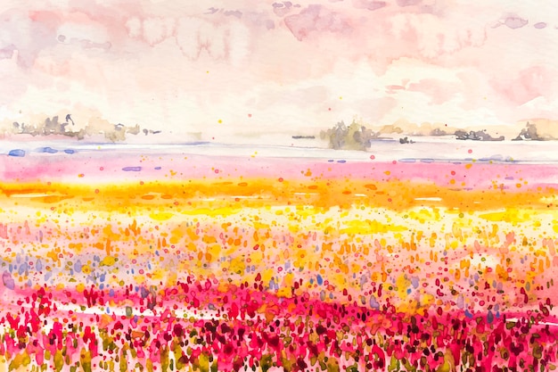 Free vector watercolor spring landscape with fields of colorful flowers