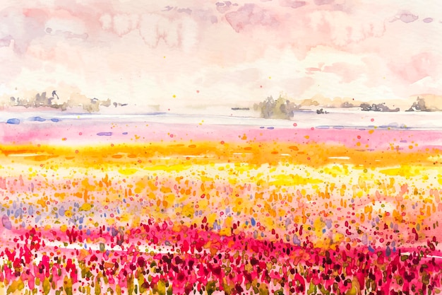 Акварель весенний пейзаж с полями из разноцветных цветов