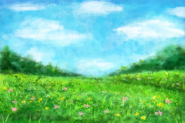 Watercolor spring landscape with  grass and flowers