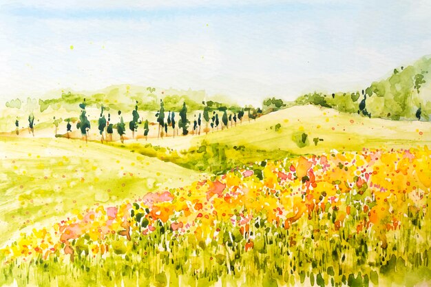 Watercolor spring landscape with plains and flowers