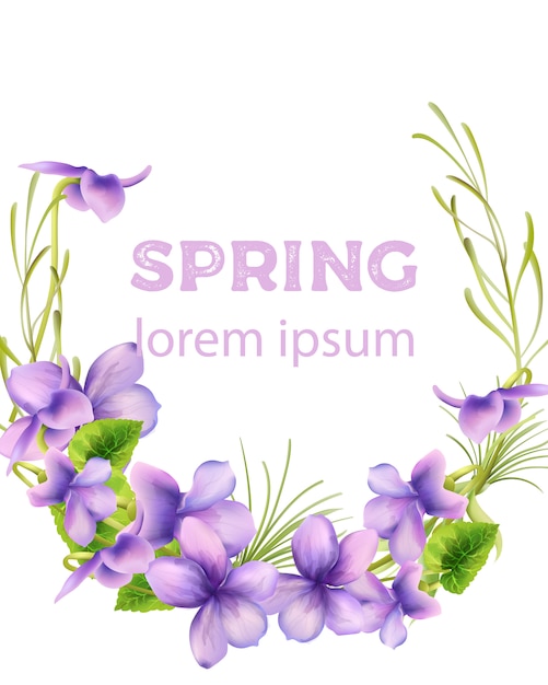 Watercolor spring purple flowers with green leaves