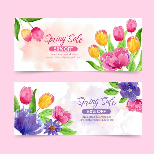 Vettore gratuito set di banner orizzontali per la vendita di primavera dell'acquerello