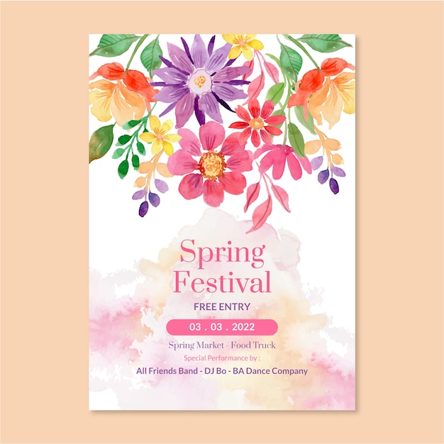 Vettore gratuito modello di poster verticale primavera acquerello