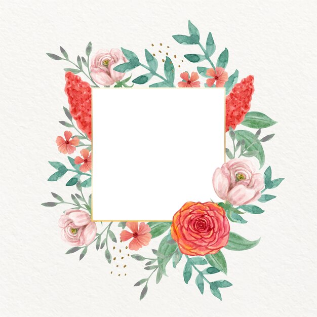 Watercolor squared frame with pink flowers