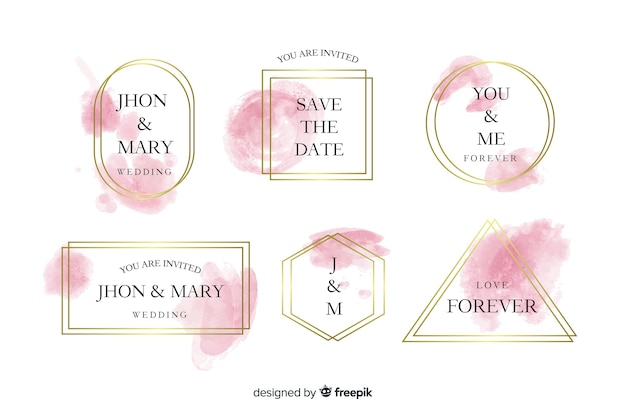 Watercolor stains wedding badges collection