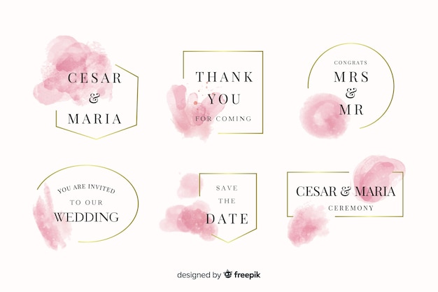 Watercolor stains wedding badges collection