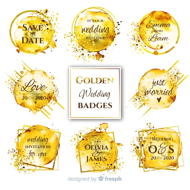 Watercolor stains wedding badges collection