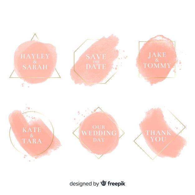 Watercolor stains wedding badges collection