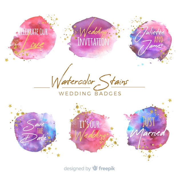 Free vector watercolor stains wedding badges collection