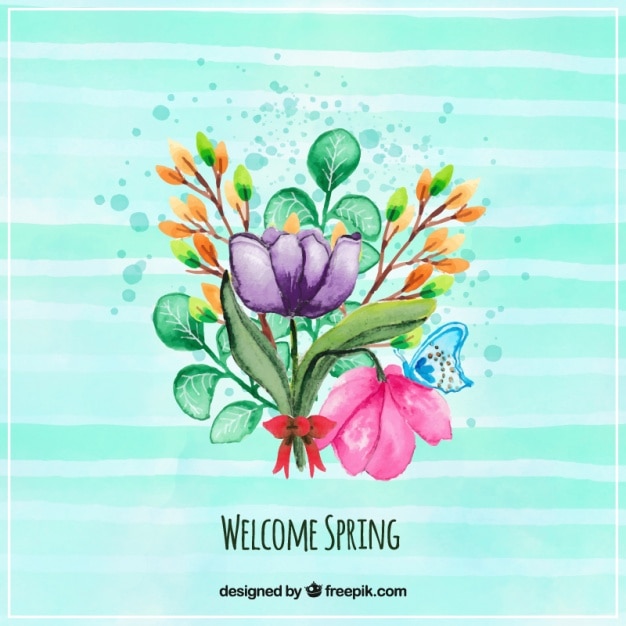 Free vector watercolor striped background with bouquet of flowers