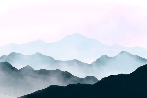 Watercolor style blue mountains with pink sky