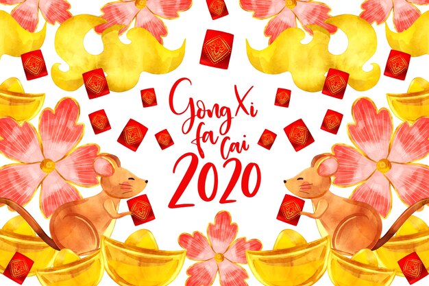watercolor style chinese new year with flowers